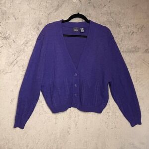 Vintage 80s Twee Angora Lambswool Cropped Cable Knit Cardigan Small Purple Soft